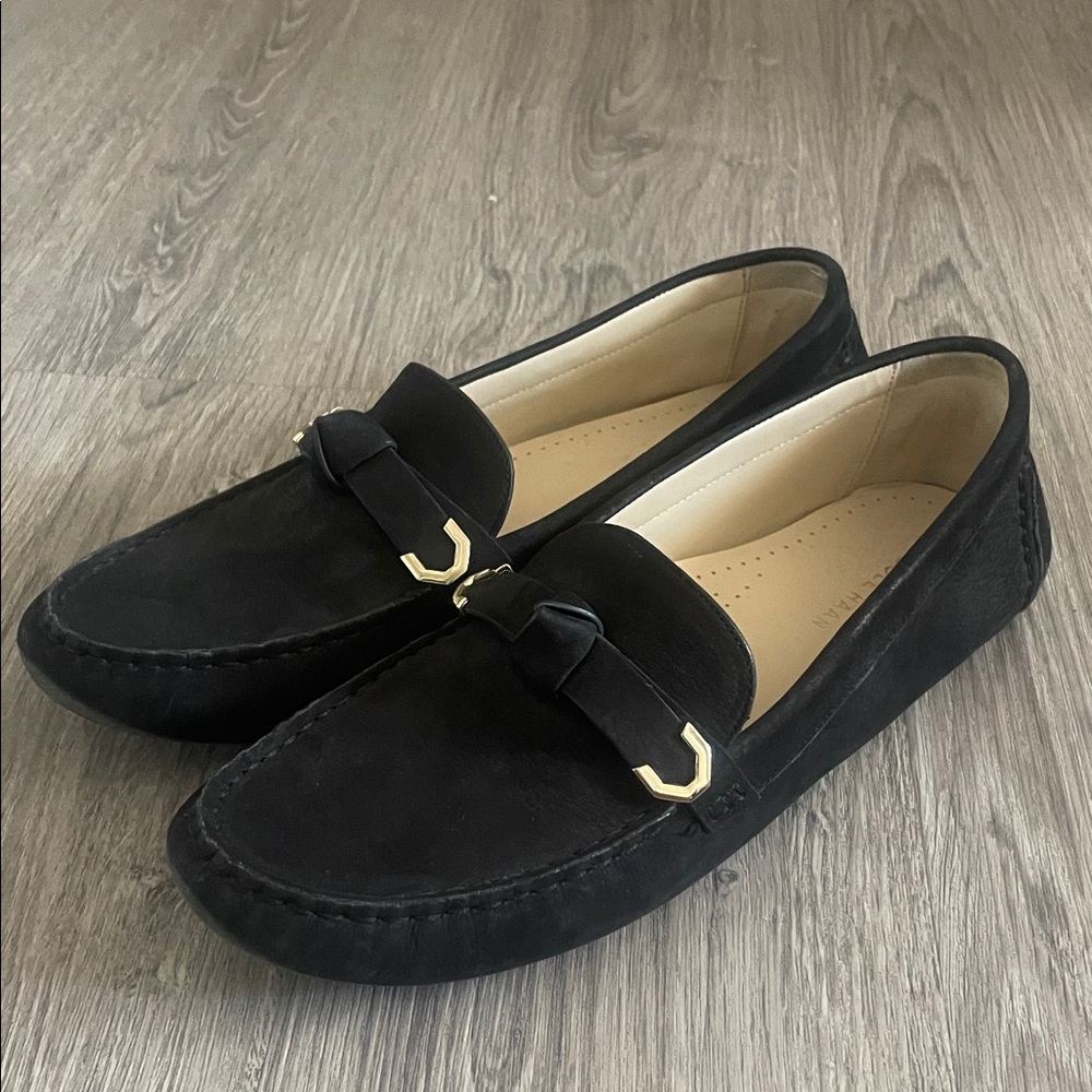 Cole Haan Black Suede driving Loafers with Gold Buckle Detail